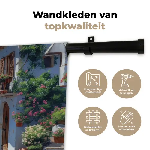 Huizen - Zee - Bomen - Bloemen Wandkleed katoen klein -sfeer2