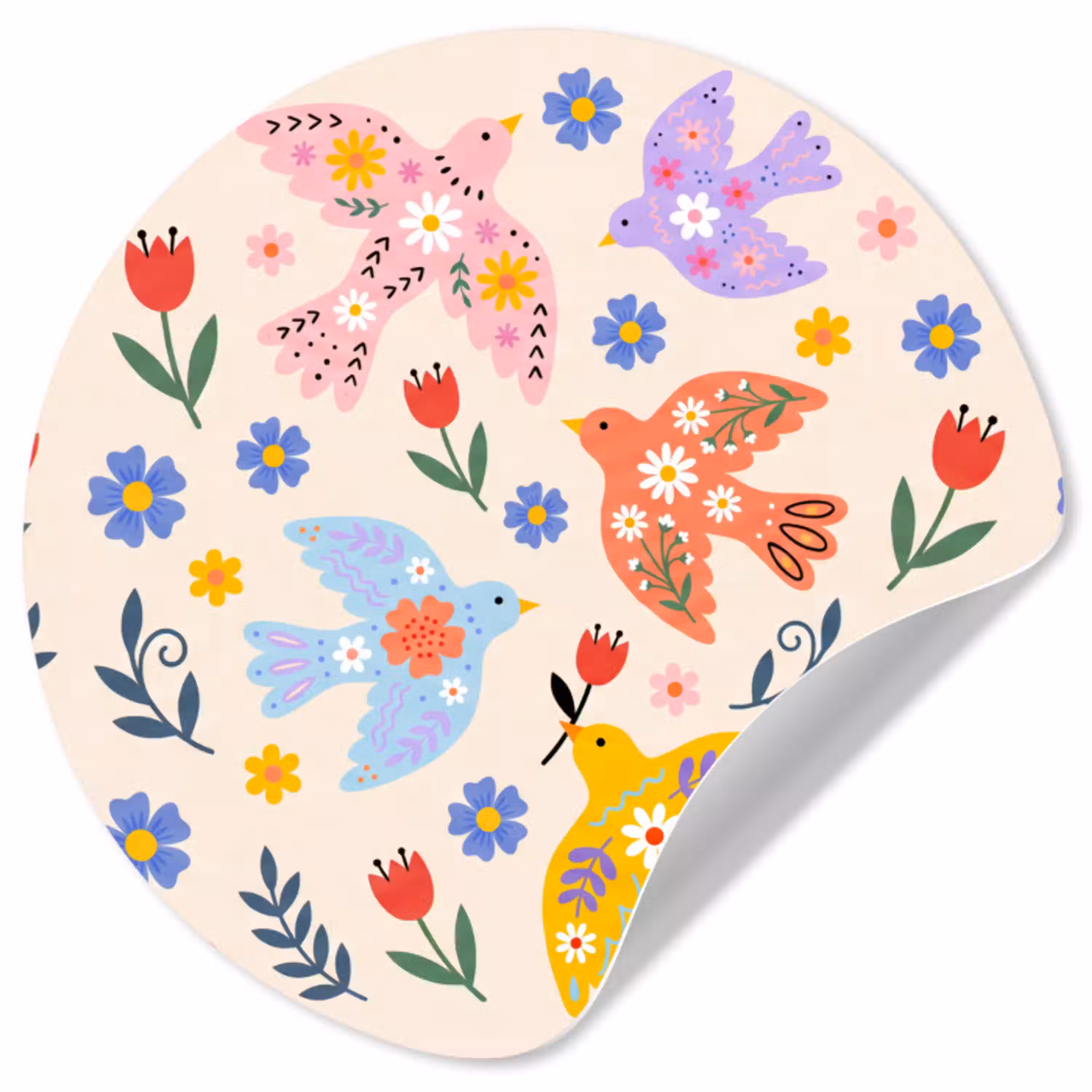 Vogel - Bloemen - Folk - Kleurrijk - Dieren Wandcirkel behangsticker klein -3d