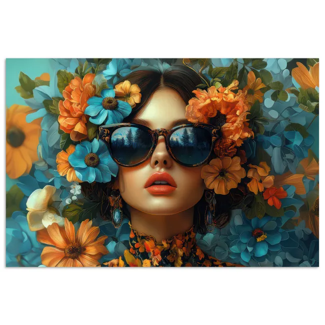 Poster - Vrouw - Bloemen - Oranje - Blauw - Modern