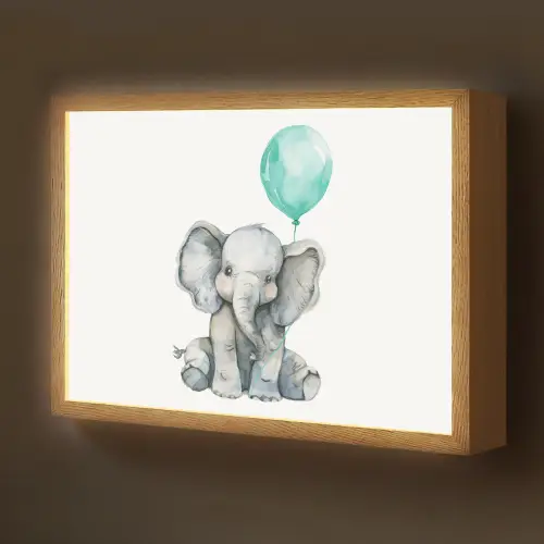 Olifant - Baby - Dieren - Blauwe ballon Light Box met batterij (Wandlamp kind) middel -z3d_website