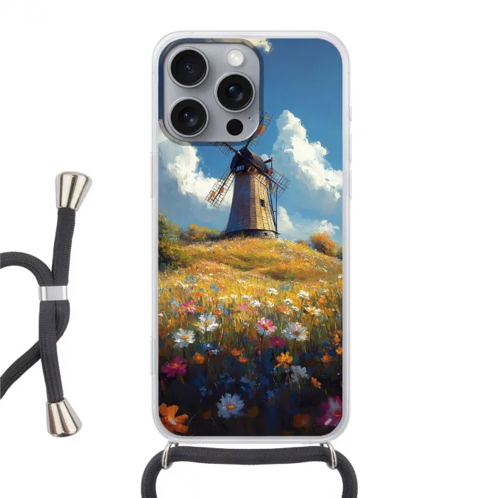 Windmolen - Heuvel - Bloemen - Kleurrijk Hoesje iPhone 16 Pro Max met koord klein -3d