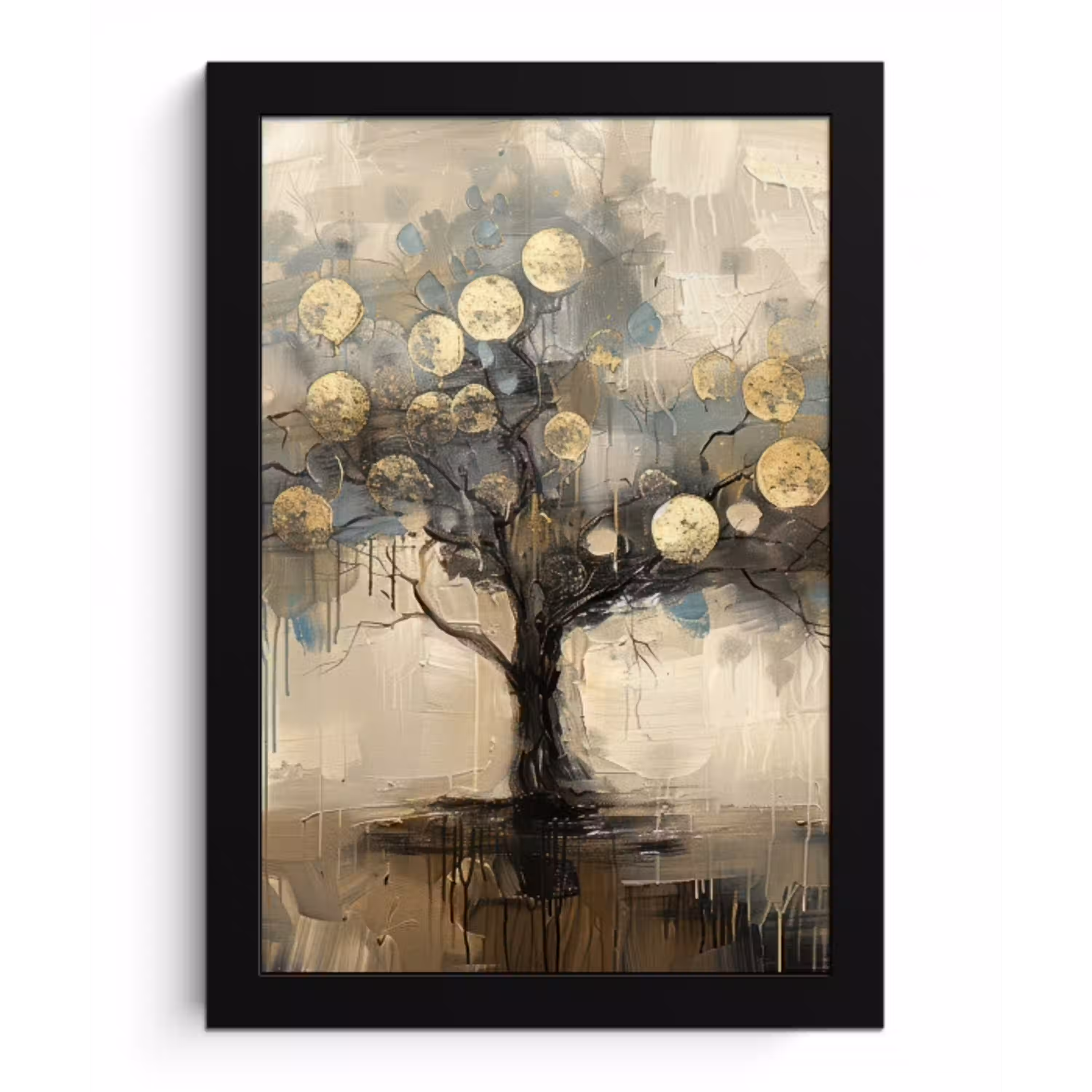 Beige - Abstract - Boom - Goud fotolijst zwart zonder passe partout klein -3d