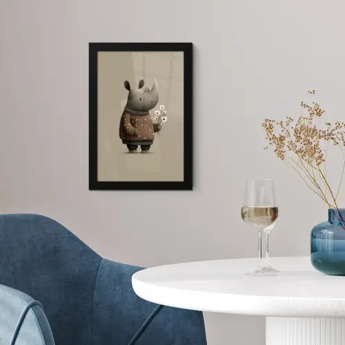 Neushoorn - Witte bloemen - Lief fotolijst zwart zonder passe partout klein -sfeer4
