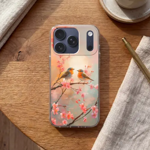Roodborstjes - Sierlijk - Bloesemtak Telefoonhoesje iPhone 17 Pro klein -sfeer1