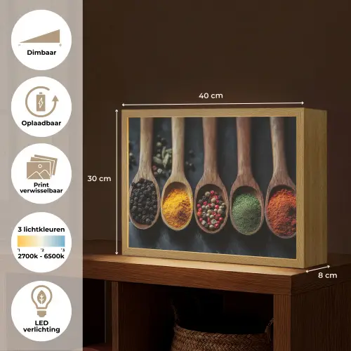 Houten - Lepels - Specerijen - Kruiden Light Box met batterij (Wandlamp) middel -USP_websiteoverzichtNL