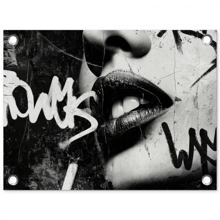 Gezicht - Mond - Graffiti - Zwart tuinposter los doek klein -3d