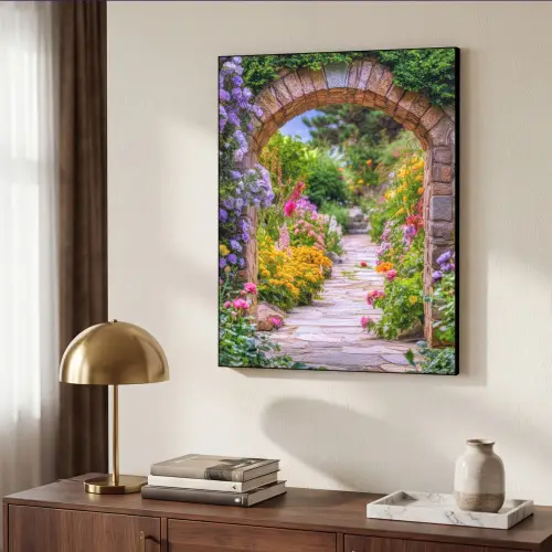 Doorkijk - Bloemen - Pad - Natuur Textielframe - compleet frame klein -sfeer3