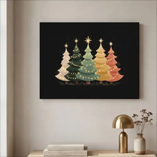 Kerstbomen - Kleurrijk - Lichtjes - Ster Textielframe zwart klein -sfeer2