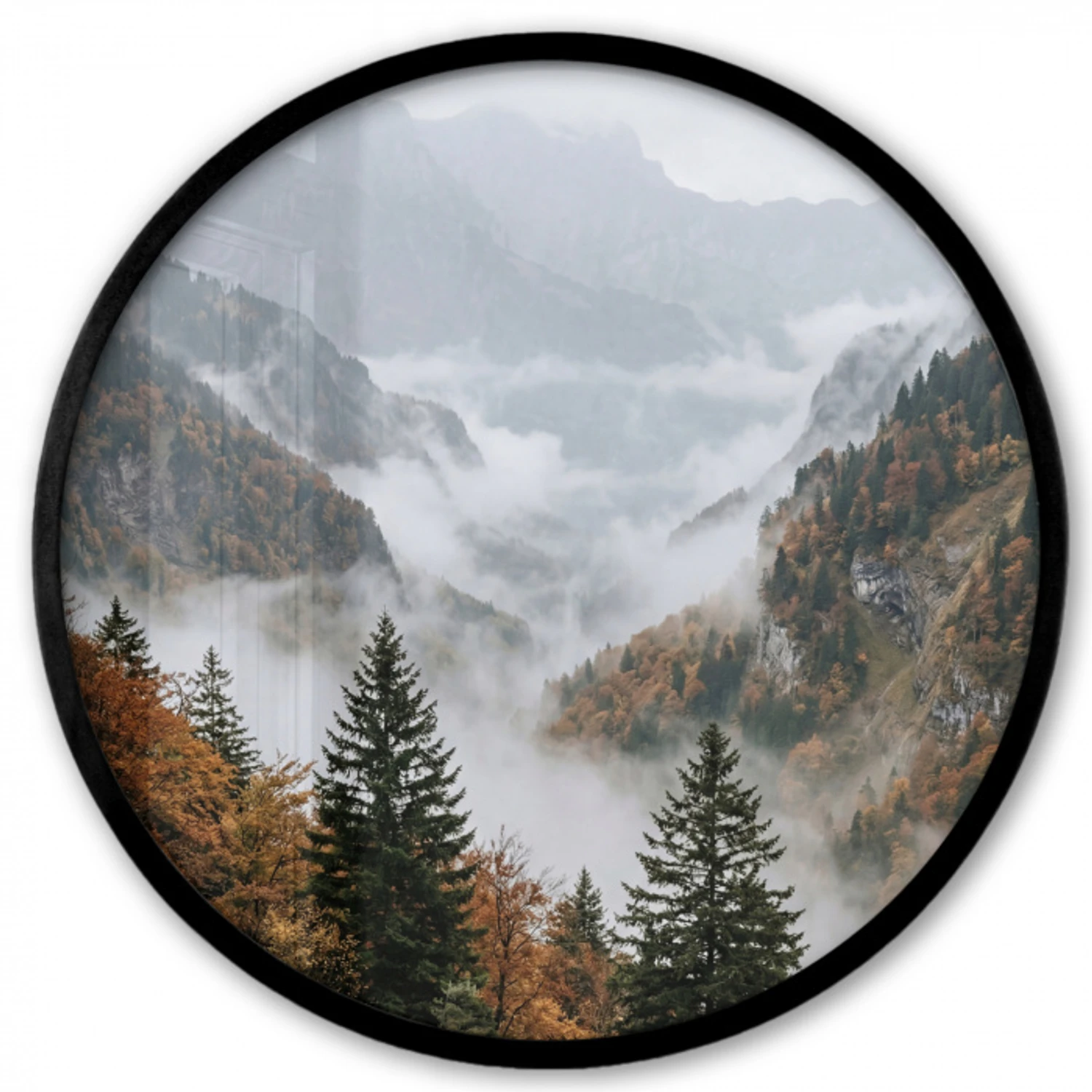 Bergen - Vallei - Mist - Herfst - Natuur Fotolijst rond zonder passe partout klein -3d