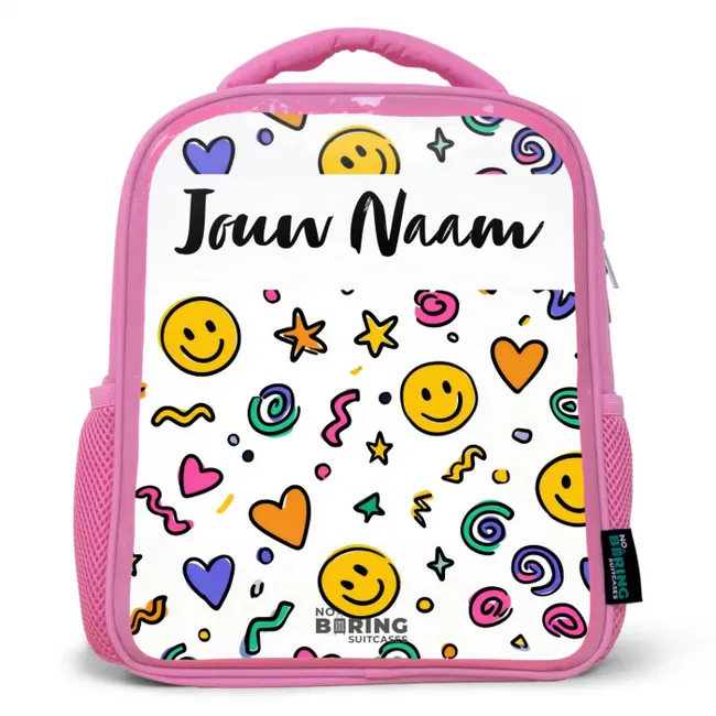 Rugzak kind met naam - Roze Smiley - Hartje - Ster