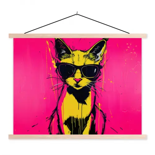Kat - Art - Zonnebril - Roze textielposter latten blank klein -3d