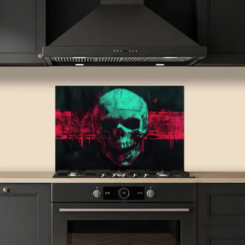Schedel - Cyberpunk - Neon Rood keuken achterwand spatscherm klein -sfeer1