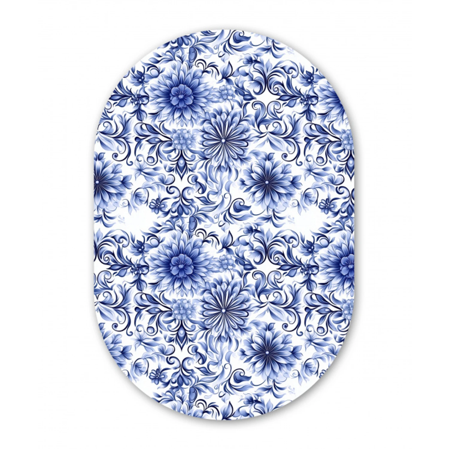 Bloemen - Blauw - Patroon - Wit Wandcirkel Ovaal Aluminium middel 839 -3d