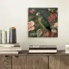 Groene papegaai - Kleurrijke bloemen - Donkere achtergrond aluminium wit klein -sfeer1