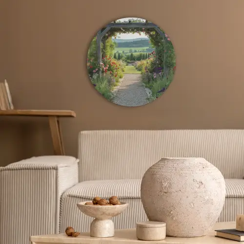 Doorkijk - Landschap - Natuur - Tuinboog - Bloemen Akoestische PET Vilt - Rond klein -sfeer1