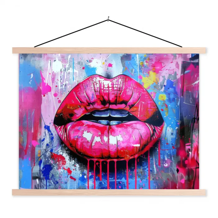 Graffiti - Lippen - Felroze - Geschilderd textielposter latten blank klein -3d