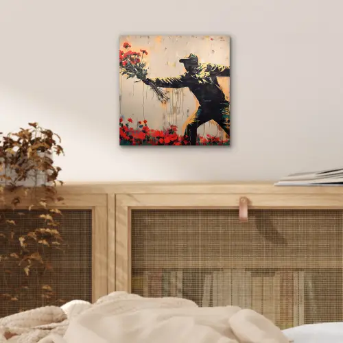 Street art - Man - Bloemen - Rood - Graffiti - Banksy aluminium wit klein -sfeer3