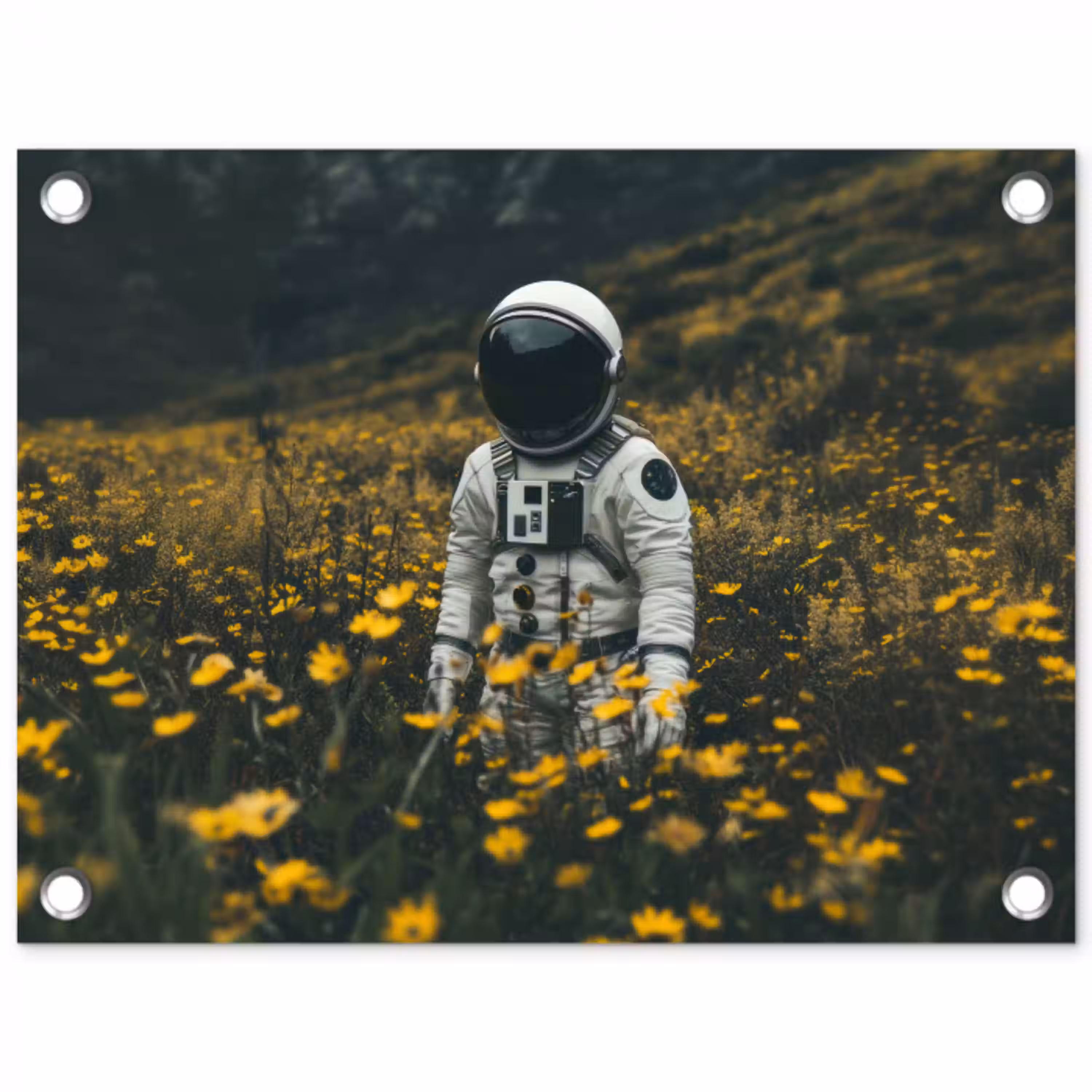 Astronaut - Bloemen - Veld - Geel tuinposter los doek klein -3d