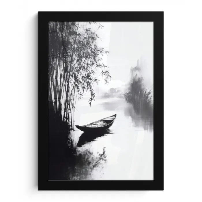 Boot - Rivier - Bamboe - Wit fotolijst zwart zonder passe partout klein -3d