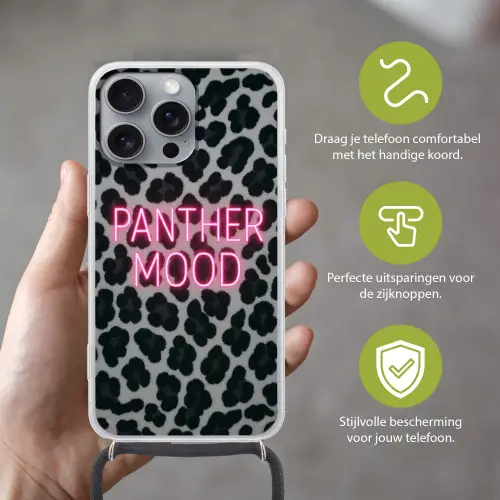 Panterprint - Zwart - Neonletters - Roze Hoesje iPhone 16 Pro Max met koord klein -sfeer2_NL