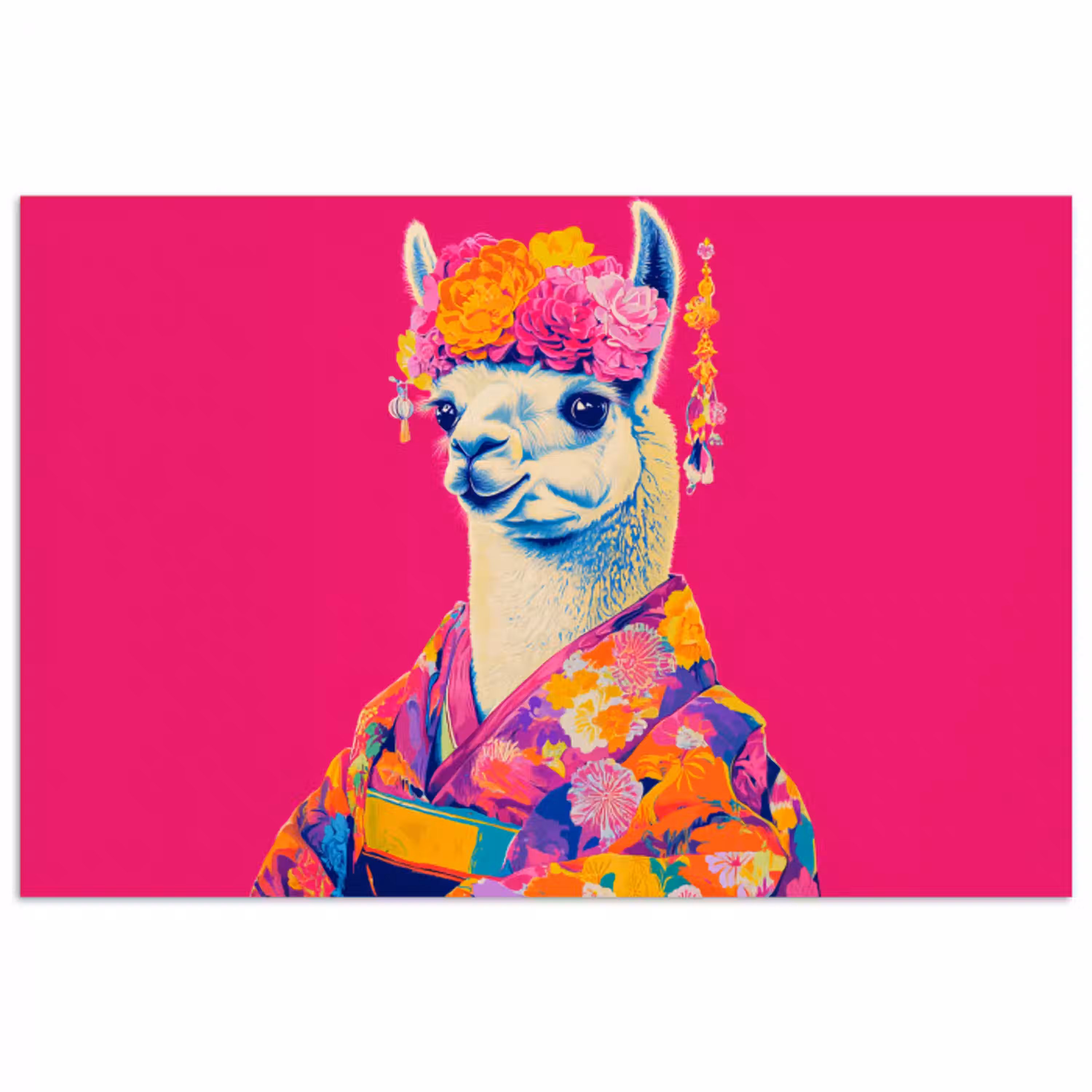 Lama - Kimono - Bloemenkrans - Felroze poster papier klein -3d