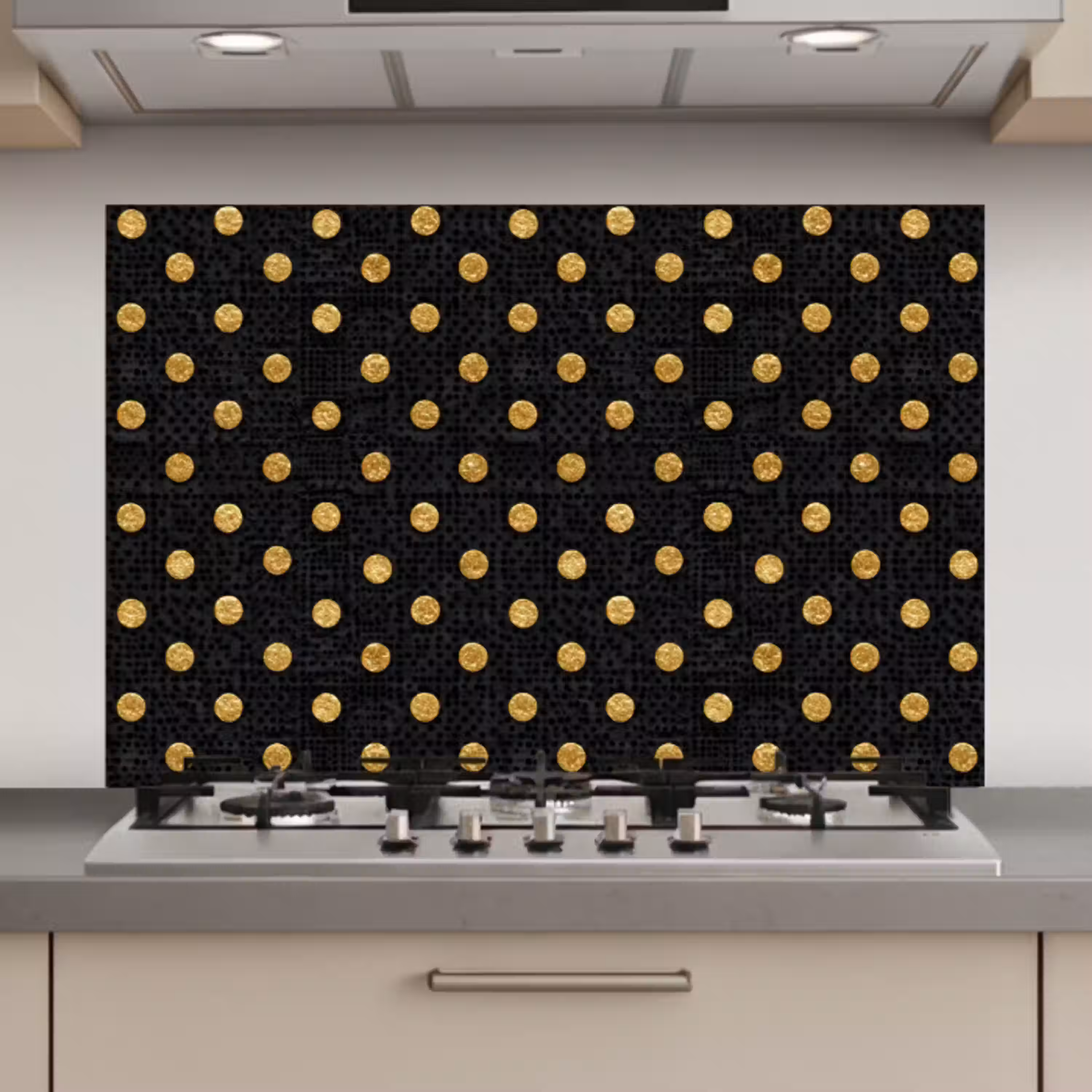 Polka Dot - Stippen - Goud - Zwart keuken achterwand spatscherm klein 900 -3d_website
