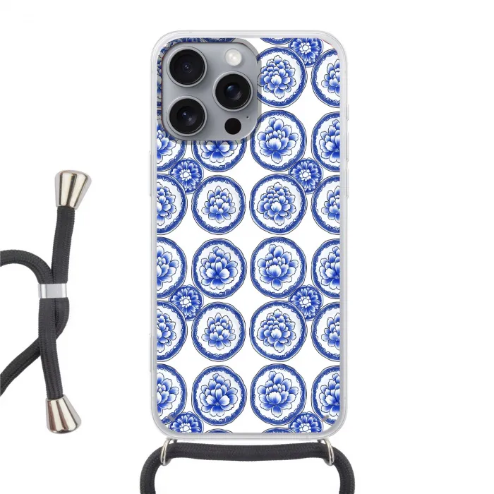 Cirkels - Bloemen - Blauw Hoesje iPhone 16 Pro Max met koord klein 804 -3d