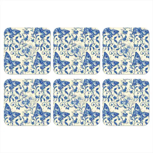 Vlinders - Bloemen - Blauw - Botanisch onderzetter kurk middel 366 -3d