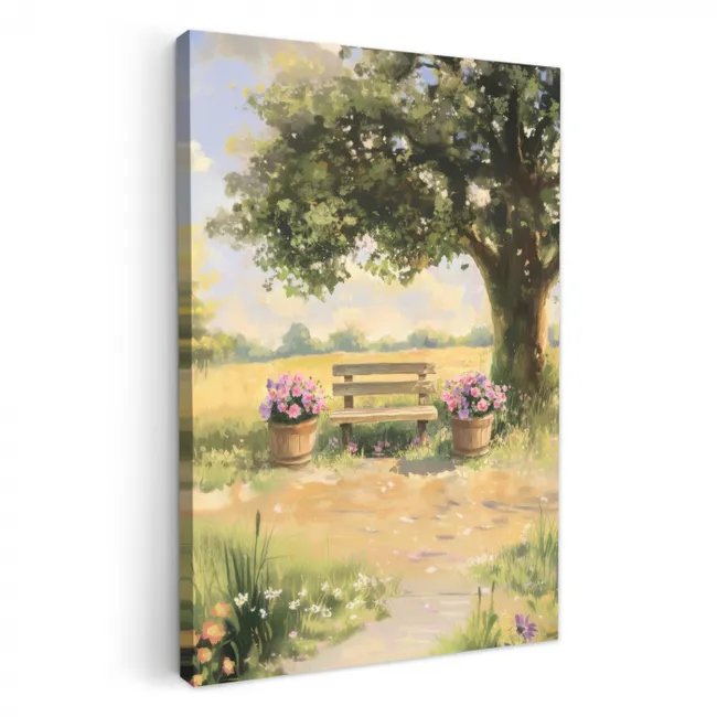 Houten bankje - Bloempotten - Landschap KitchenYeah - Keuken - Canvas klein -3d