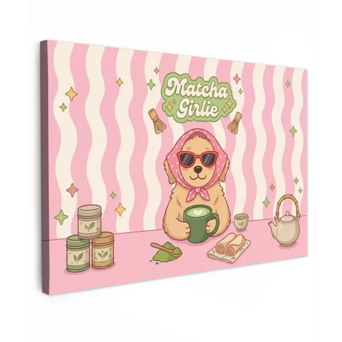 Matcha - Hond - Roze - Groen Tuinposter op houten frame 2 cm dik klein -3d