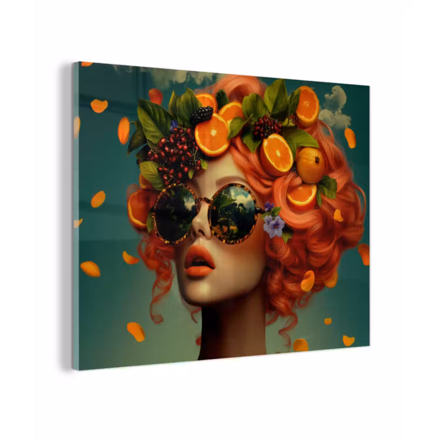 Glas schilderij - Vrouw - Sinaasappel - Bessen - Oranje