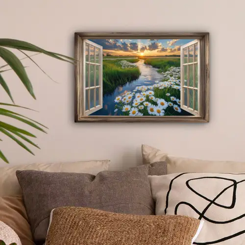 Doorkijk - Landschap - Raam - Water - Zonsondergang canvas 2cm klein -sfeer1