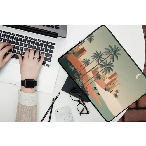 Nachtlandschap - Kamelen - Sterren - zandduinden laptophoes neopreen klein -bureau