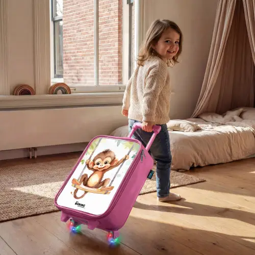 Vrolijk aapje op een schommel illustratie Kinderkoffer - Roze klein -sfeer1