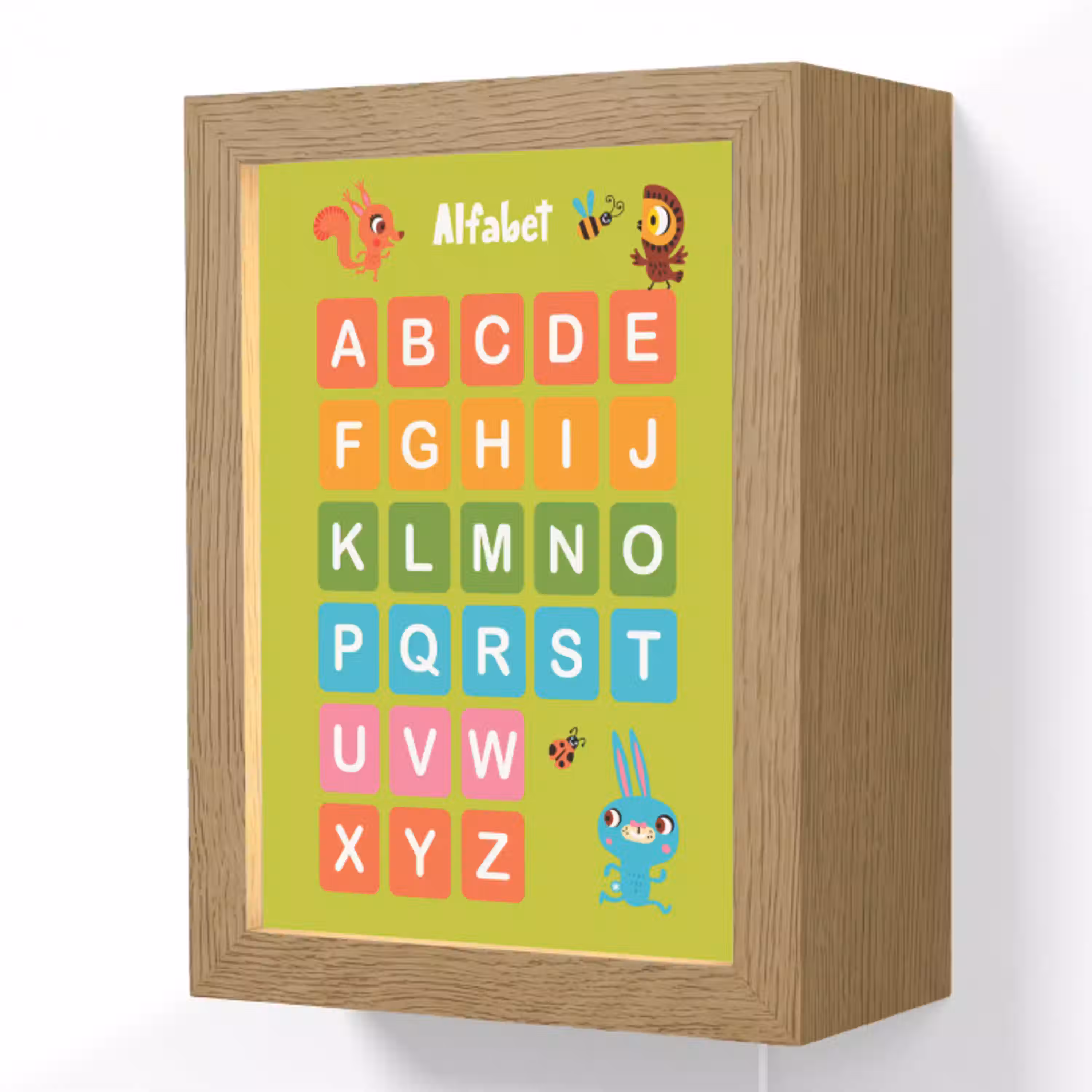 Alfabet - Educatief - Letters leren voor kinderen - Groen - Dieren Light Box met kabel (Wandlamp kind) klein -3d