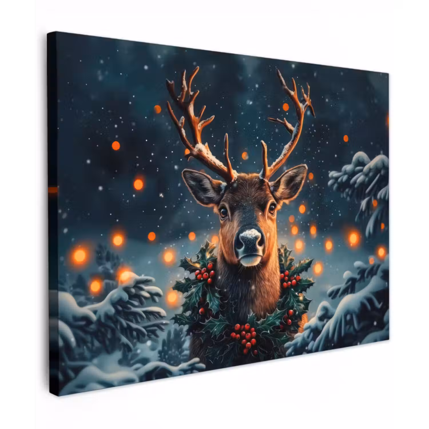 Canvas schilderij - Hert - Kerst - Winter - Sneeuw - Kerstkrans