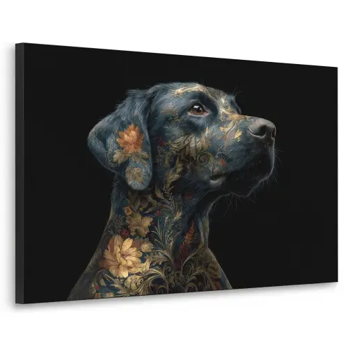 Hond - Zwart - Bloemen Textielframe zwart klein -3d