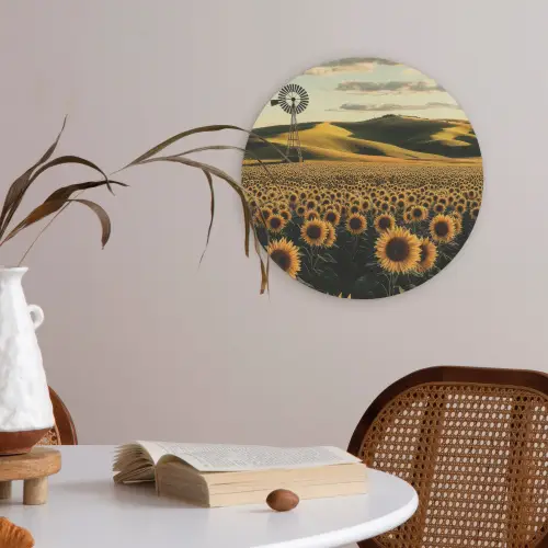 Zonnebloem - Veld - Windmolen Akoestische PET Vilt - Rond klein -sfeer3