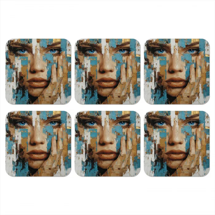 Abstract - Penseelstreken - Blauw - Gezicht onderzetter kurk middel -3d