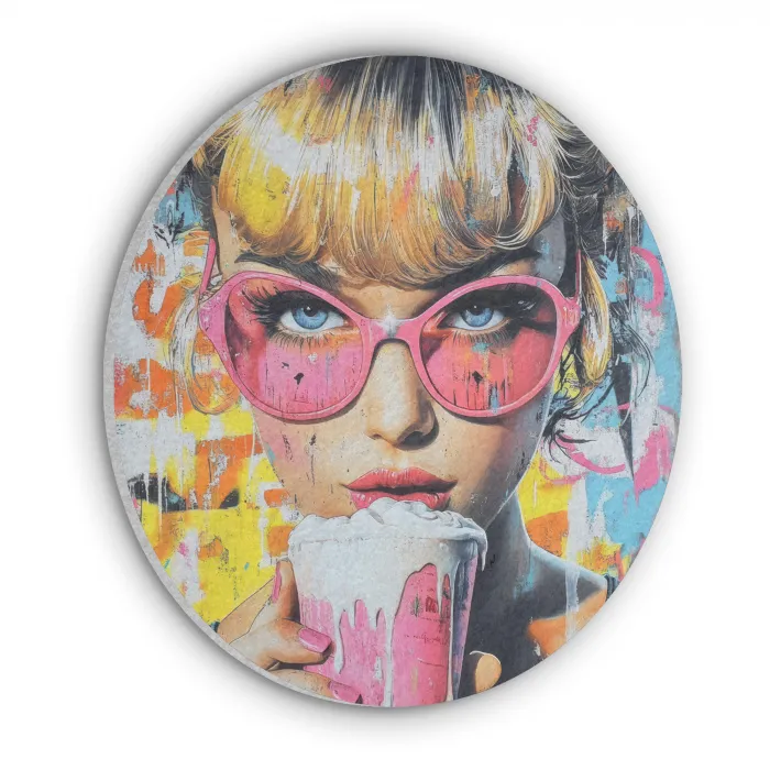 Expressief - Milkshake - Vrouw - Felle kleuren Akoestische PET Vilt - Rond klein -3d