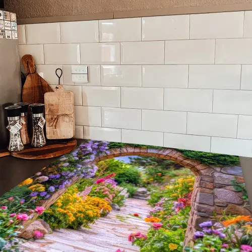 Doorkijk - Bloemen - Pad - Natuur Inductie beschermer vinyl 3mm middel -sfeer3