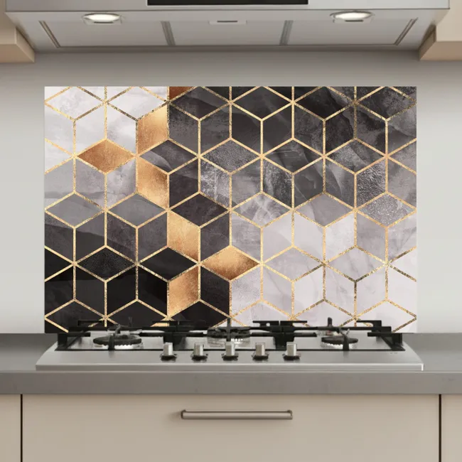Abstract - Kubus - Goud - Patronen - Zwart - Wit keuken achterwand spatscherm klein -3d_website