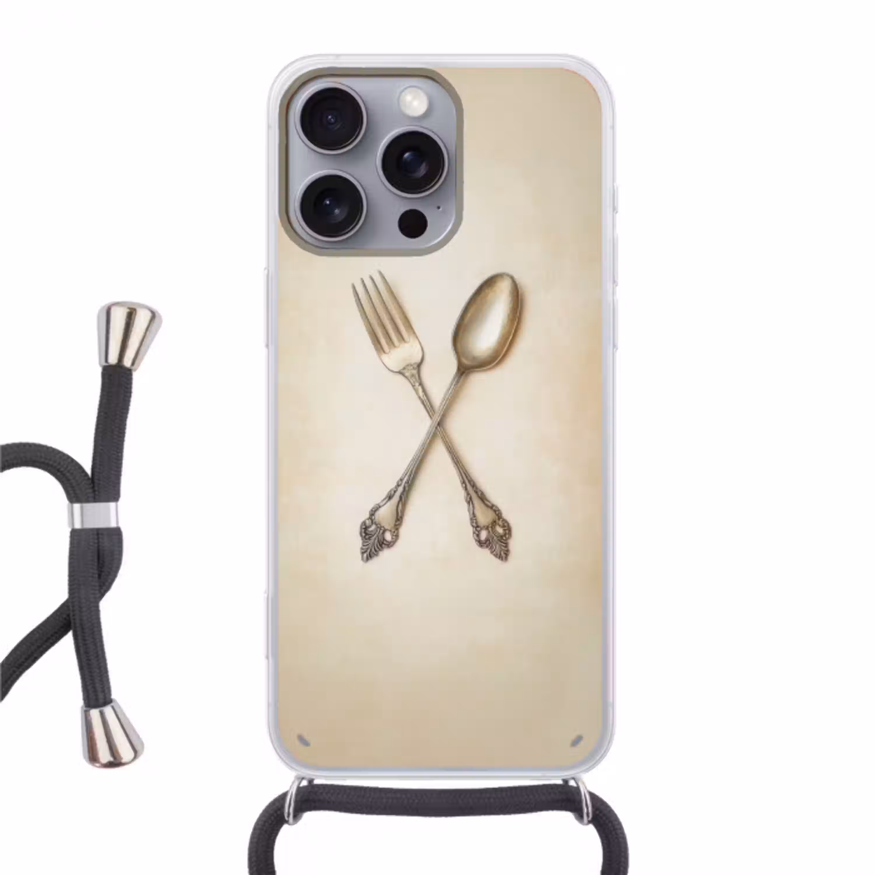 Beige - Vintage - Bestek Hoesje iPhone 16 Pro Max met koord klein -3d