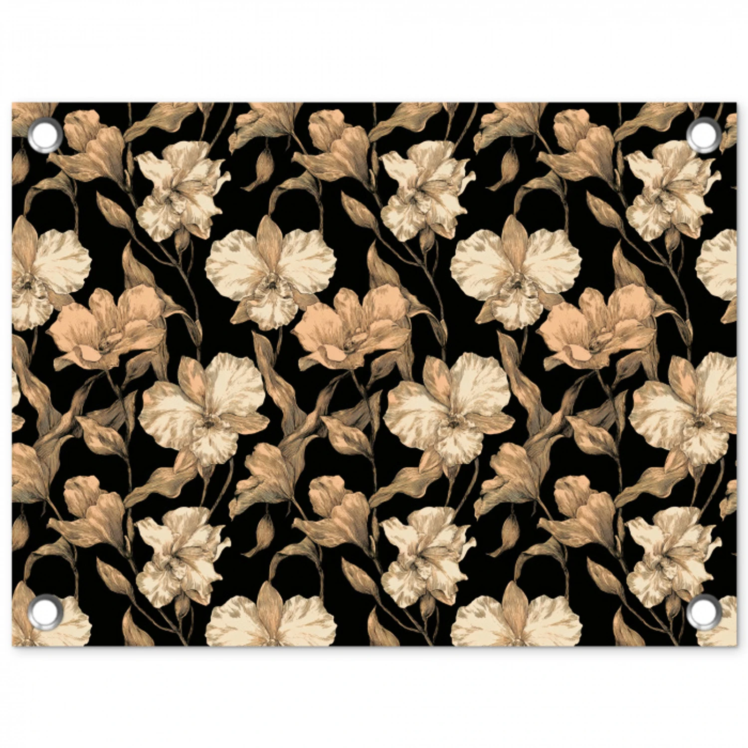 Orchideeën - Lijntekening - Patroon - Beige - Zwart tuinposter los doek klein 239 -3d