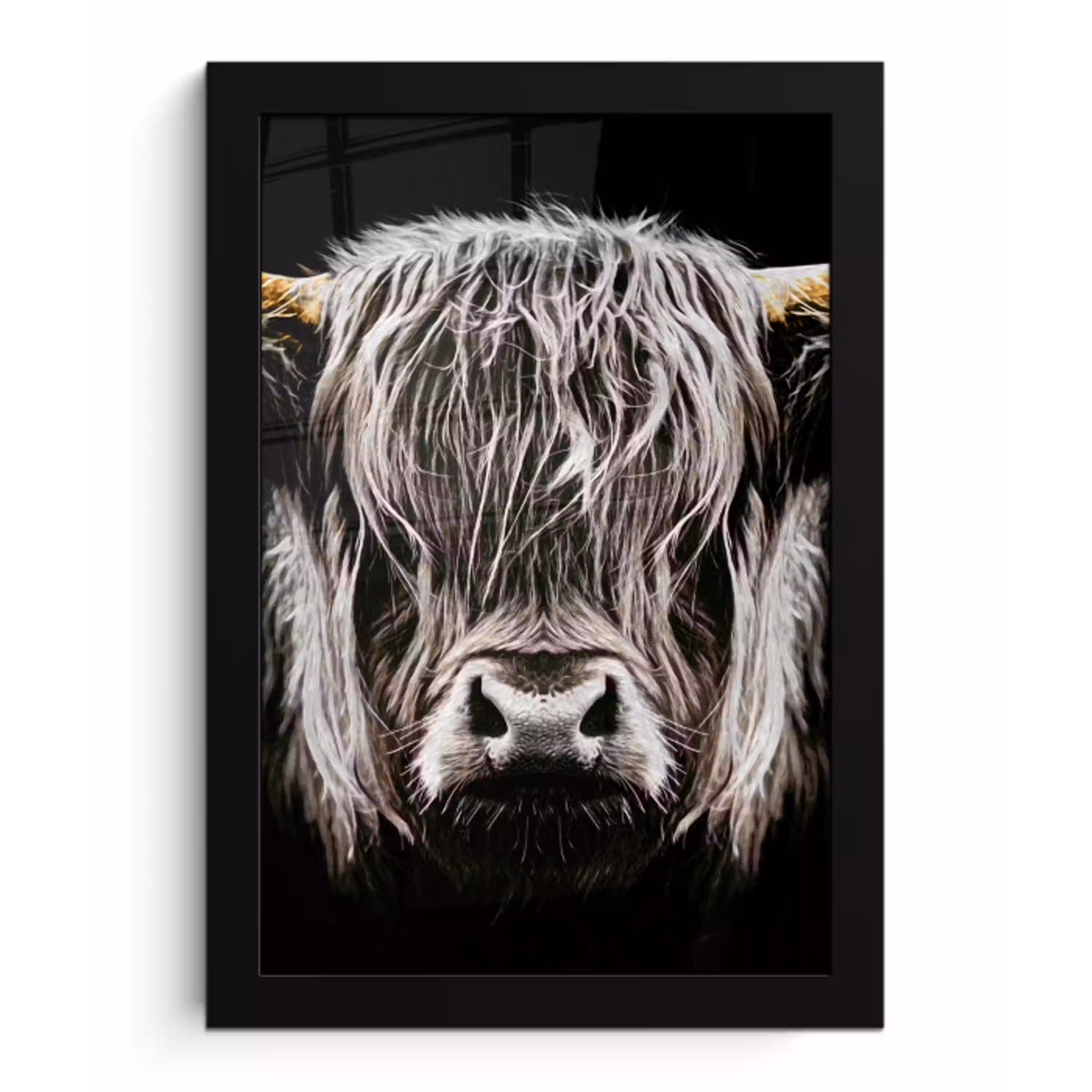 Schotse hooglander - Goud - Hoorns - Zwart wit - Koe - Dieren fotolijst zwart zonder passe partout klein -3d