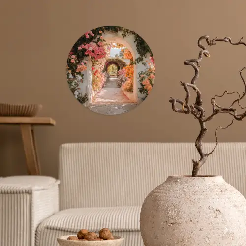 Doorkijk - Boog - Bloemen - Pastel Wandcirkel behangsticker klein -sfeer1