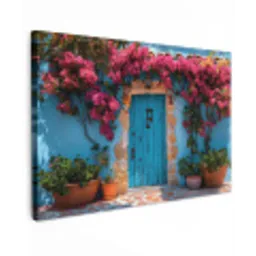Deur - Hout - Bloemen - Blauw Tuinposter op houten frame 2 cm dik klein -3d