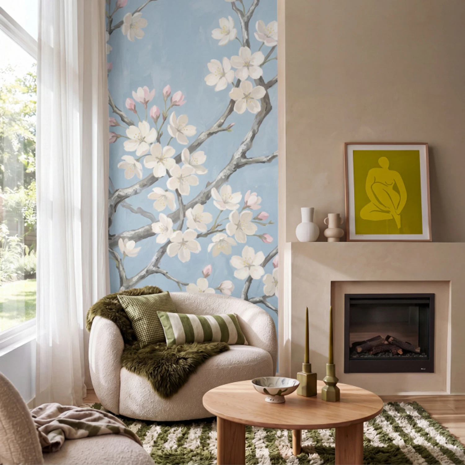 Takken - Kersenbloesem - Blauw Behang Vinyl klein -sfeer2