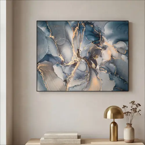 Marmer - Grijs - Blauw - Luxe - Goud Textielframe zwart klein -sfeer2