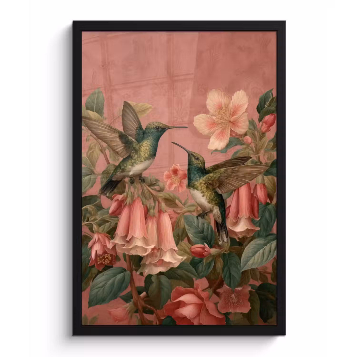 Poster met lijst - Kolibries - Bloemen - Groen - Roze